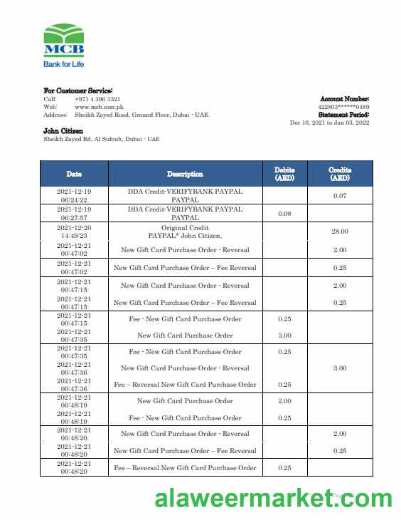 United Arab Emirates MCB bank statement template in Word and PDF format